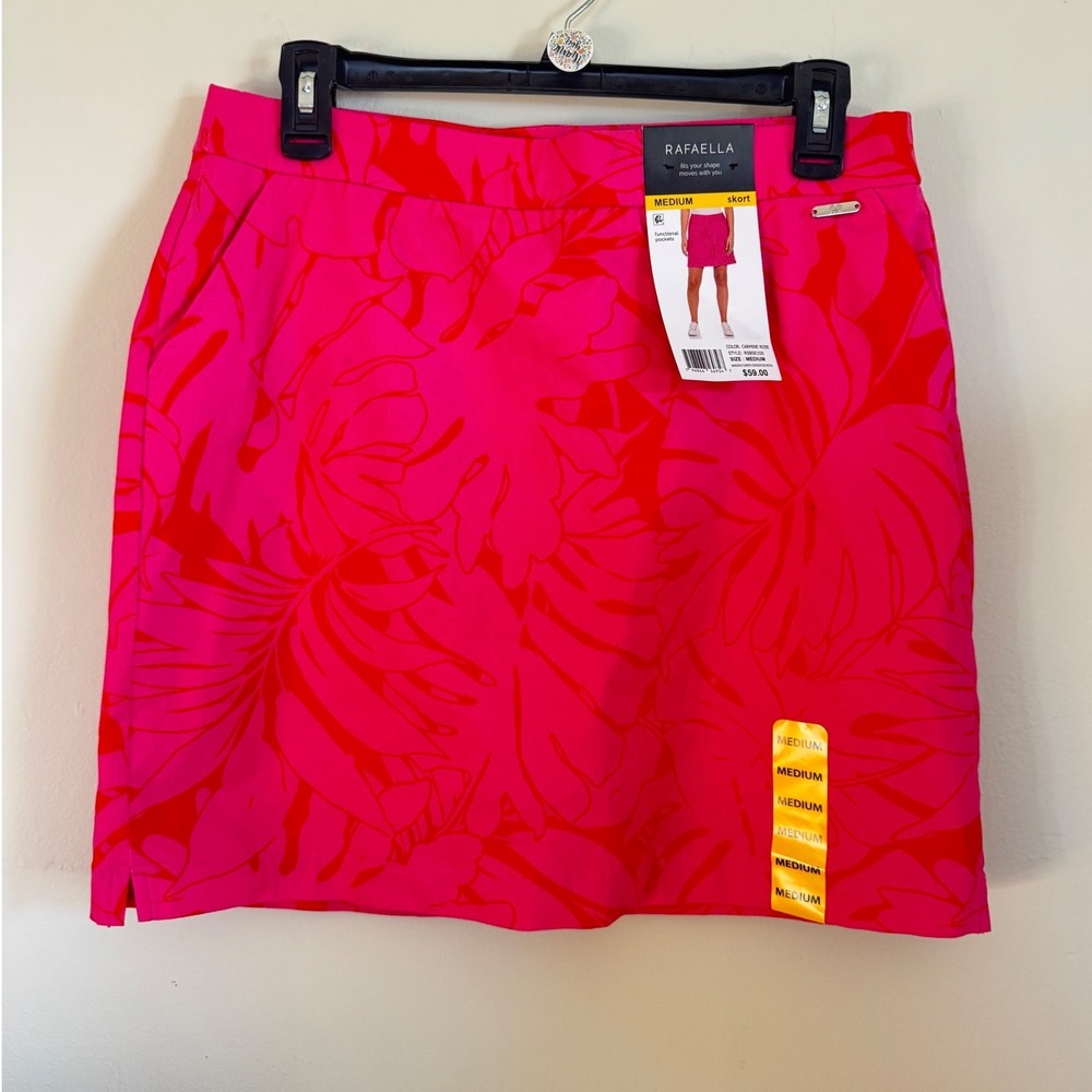 Rafaella Skirt with shorts, Medium Carmine Rose Pink Tropical Monstera Leaf NWT - Picture 2 of 6